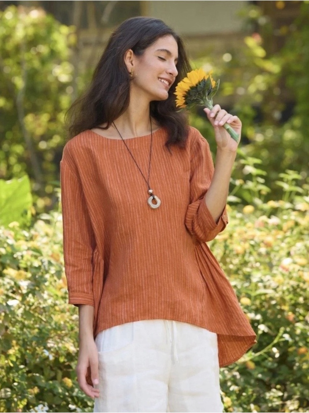 Lintico 100% Linen Round Neck Artistic Top In Pumpkin Stripe Womens Size Medium